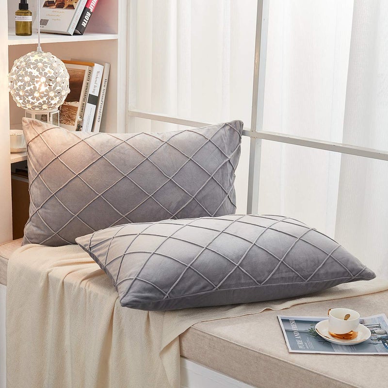 JAUXIO Diamond Pinch Pleated Crystal Velvet Pillowcases 2 Pack Solid Pintuck Throw Cushion Cover for Home Decor Hidden Zipper Closure (Light Grey, King) - Image 2